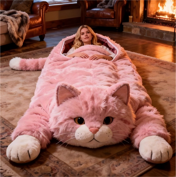 Plush Kitty Cocoon Adult Sleeping Bag | Your Portable Den of Whimsy and Warmth